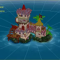 Cartoon Scene Featuring Castle Tower Wooden Structures Palm Trees And Blue Ocean