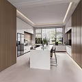 Modern Kitchen Interior With White Cabinets Island Counter Large Windows And Appliances