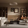 Warm Modern Living Room Interior With Beige Sofa Coffee Table Bookshelves And Striped Rug