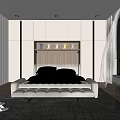 Modern Bedroom Interior With Beige Upholstered Bed Wooden Headboard Shelf Decor And Herringbone Rug