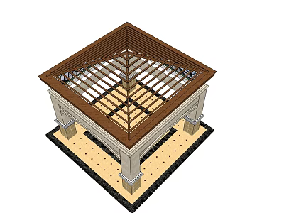 Square Wooden Pavilion Structure With Roof Frame Columns And Patterned Floor Tiles 3d model