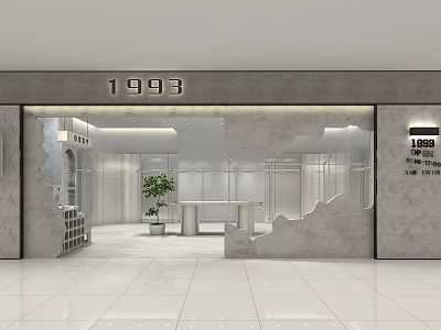 Modern 1993 Clothing Store With Gray Walls Glass Facade Clothing Racks And Potted Plant 3d model