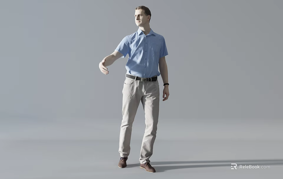 Man In Light Blue Shirt And Khaki Pants Extending Hand On Gray Background 3d model 