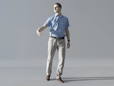 Man In Light Blue Shirt And Khaki Pants Extending Hand On Gray Background 3d model