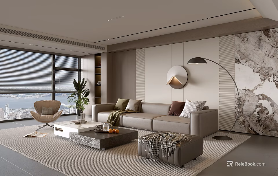 Modern Luxury Living Room With Comfortable Leather Sofa Stylish Coffee Tables And Beautiful Scenic Window 3d model 