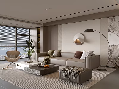 Modern Luxury Living Room With Comfortable Leather Sofa Stylish Coffee Tables And Beautiful Scenic Window 3d model