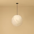 White Spherical Pendant Light With Moon Like Texture Hanging From Ceiling In Beige Room 3d model