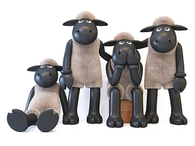 Four Adorable Sheep Dolls With Beige And Black Design In Various Poses 3d model