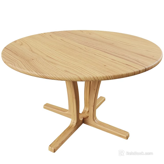 Round Wooden Dining Table With Light Wood Finish And Crossed Leg Base 3d model 