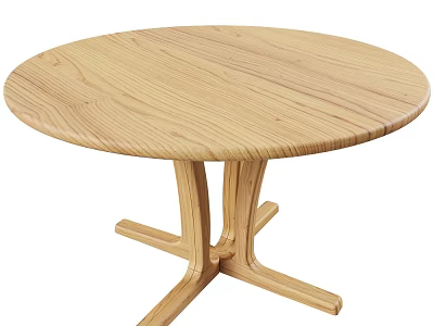 Round Wooden Dining Table With Light Wood Finish And Crossed Leg Base 3d model