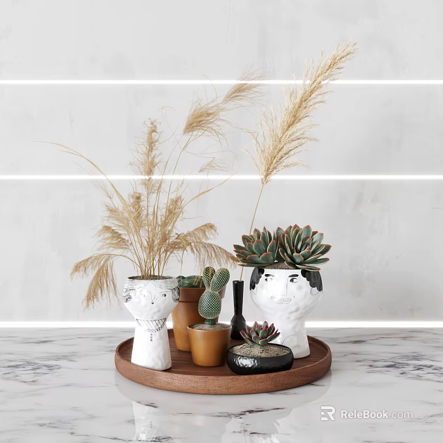 Elegant Decorative Ornament Set With White Vases Dried Pampas Grass And Succulents On Wooden Tray 3d model 