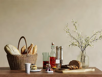 Fresh Bread in Wicker Basket with Sandwich Condiments Wooden Board and Vase with White Flowers 3d model