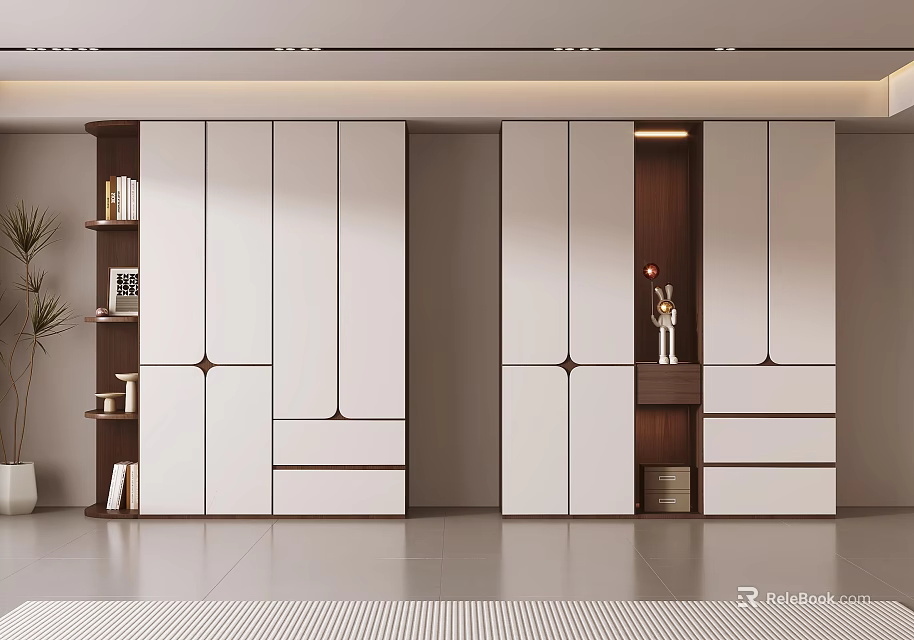 Modern Wardrobe Design With White And Wooden Panels Drawers And Open Shelves 3d model 