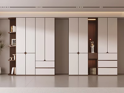 Modern Wardrobe Design With White And Wooden Panels Drawers And Open Shelves 3d model