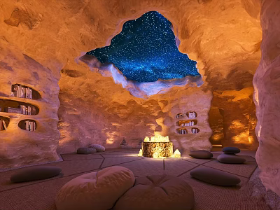 Cave like SPA Sauna interior with starry sky ceiling fire pit and cushions 3d model