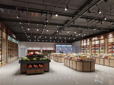 Spacious Supermarket Grocery Store Interior With Fresh Fruits Shelves And Refrigerated Display Cases 3d model