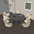 Elegant Round Dining Table Set With Beige Chairs Marble Top Wooden Floor And Decorative Painting