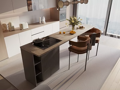 Modern Kitchen Interior with Spacious Island Countertop and Comfortable Dining Chairs 3d model