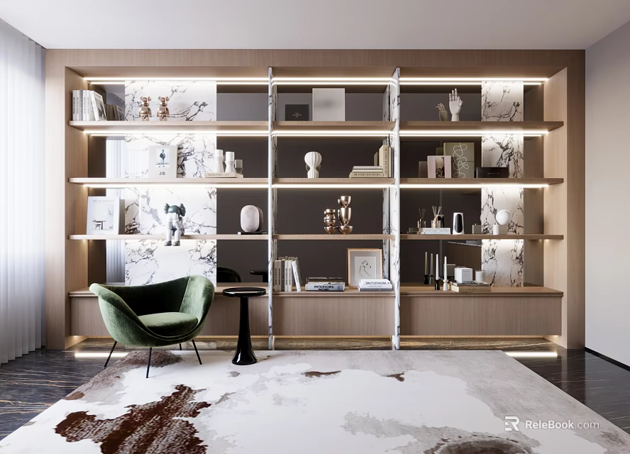 Modern Bookcase Design With Wooden Shelves Decorative Items Books Green Accent Chair And Area Rug 3d model 