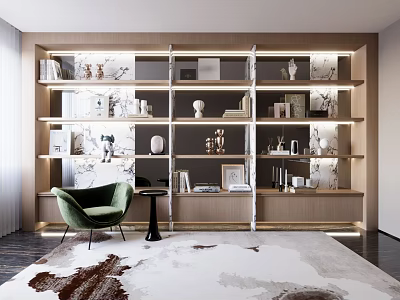 Modern Bookcase Design With Wooden Shelves Decorative Items Books Green Accent Chair And Area Rug 3d model