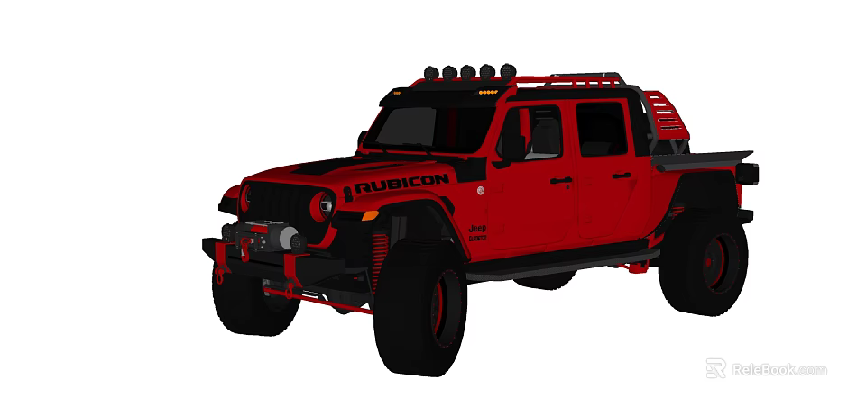 Red Jeep Rubicon Off Road Modified Vehicle With Roof Rack And Large Tires 3d model 