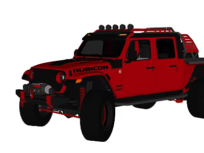 Red Jeep Rubicon Off Road Modified Vehicle With Roof Rack And Large Tires 3d model