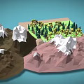 3D Cartoon Scene Featuring Green Grass Yellow Green Trees And Snow Capped Brown Pink Mountains