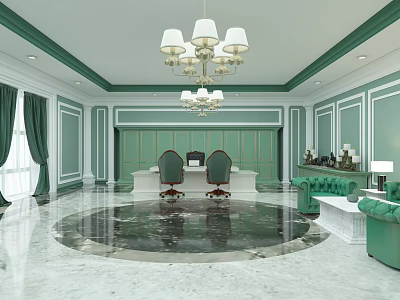Elegant Office Interior With Green Walls Curtains Chandelier Marble Floor Desk Chairs And Green Sofas 3d model