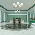 Elegant Office Interior With Green Walls Curtains Chandelier Marble Floor Desk Chairs And Green Sofas