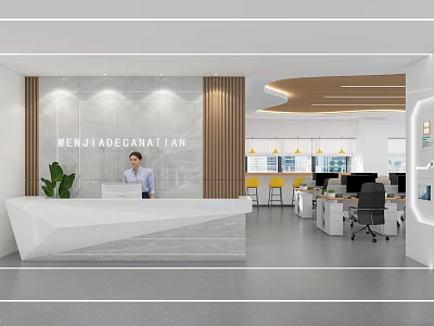 Modern Reception Desk Area With Stone Counter And Wooden Panel Background 3d model