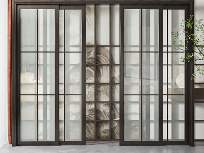 New Chinese style sliding door solid wood glass sliding door 3d model