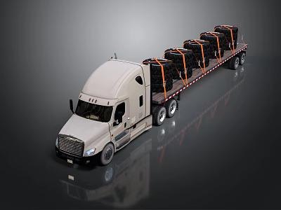 White Flatbed Truck Transporting Multiple Covered Goods With Black Tarps On Trailer 3d model