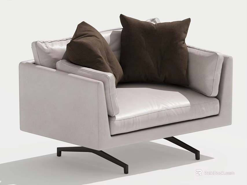 Modern Light Gray Single Sofa With Two Dark Brown Cushions And Black Metal Legs 3d model 