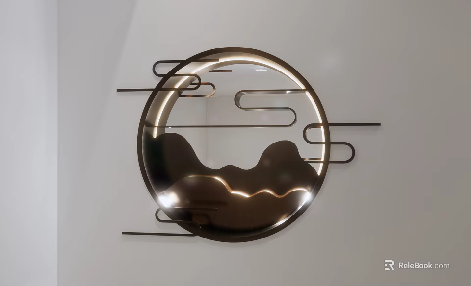 Modern Circular Metallic Wall Decor With Wavy Mountain Pattern And Linear Accents 3d model