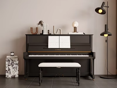 Elegant Black Piano Interior With Bench Sheet Music Decorative Items And Floor Lamp 3d model