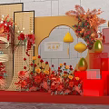 Elegant Decorative Setup With Red Gold Floral Displays And Geometric Elements 3d model