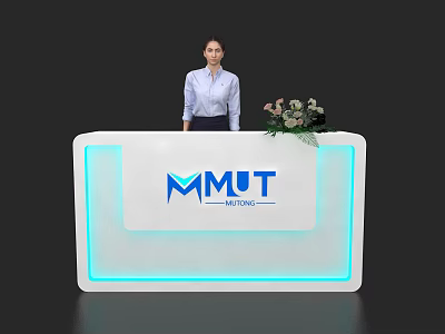 Modern Reception Desk with MMUT Logo Illuminated Edge Floral Arrangement and Staff Member 3d model