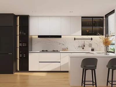 Modern Kitchen Interior with Black and White Cabinets Marble Countertop Island and Bar Stools 3d model