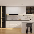 Modern Kitchen Interior with Black and White Cabinets Marble Countertop Island and Bar Stools