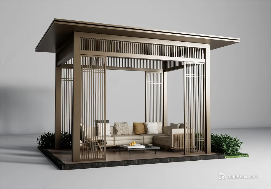 Modern Open Gazebo with Lattice Design Sofa Coffee Table and Green Plants 3d model 