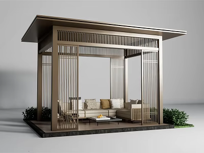 Modern Open Gazebo with Lattice Design Sofa Coffee Table and Green Plants 3d model