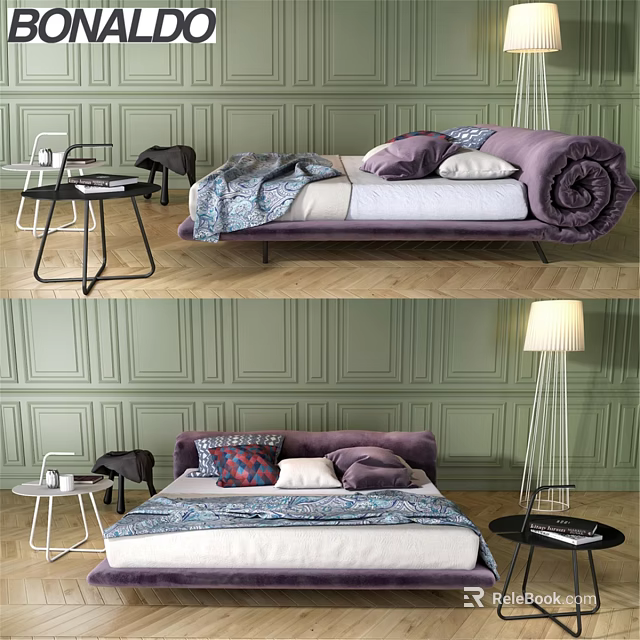 Elegant Double Bed With Purple Bedding Decorative Pillows Cozy Blanket Green Wall And Wooden Floor 3d model 