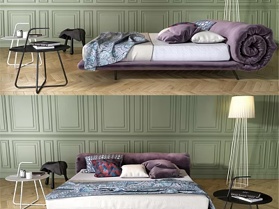 Elegant Double Bed With Purple Bedding Decorative Pillows Cozy Blanket Green Wall And Wooden Floor 3d model