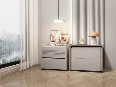 Modern Light Gray Nightstands with Drawers Lamp Photo Frames by Window in Bedroom 3d model