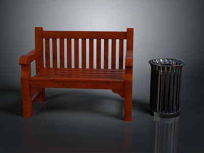 Wooden Bench With Backrest Armrest And Metal Trash Can In Outdoor Setting 3d model