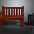 Wooden Bench With Backrest Armrest And Metal Trash Can In Outdoor Setting
