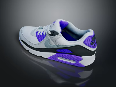 Modern Color Block Sneakers in Gray White with Purple Accents and Air Cushion Sole 3d model