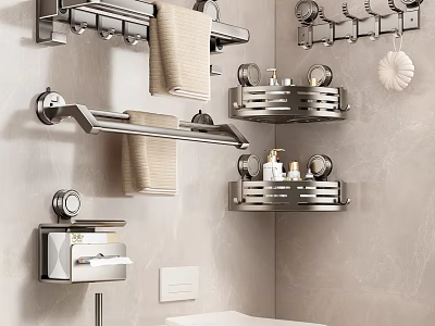Modern Minimalist Bathroom Storage Racks With Wall Mounted Towel Holders And Corner Shelves 3d model