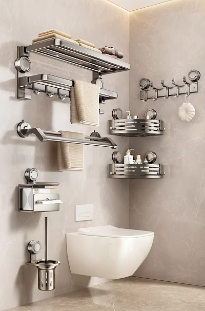 Modern Minimalist Bathroom Storage Racks With Wall Mounted Towel Holders And Corner Shelves 3d model