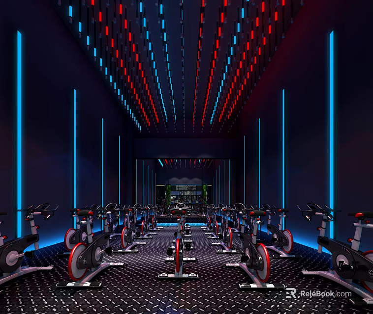 Modern Fitness Studio With Spin Bikes And Blue Red Neon Lighting 3d model 